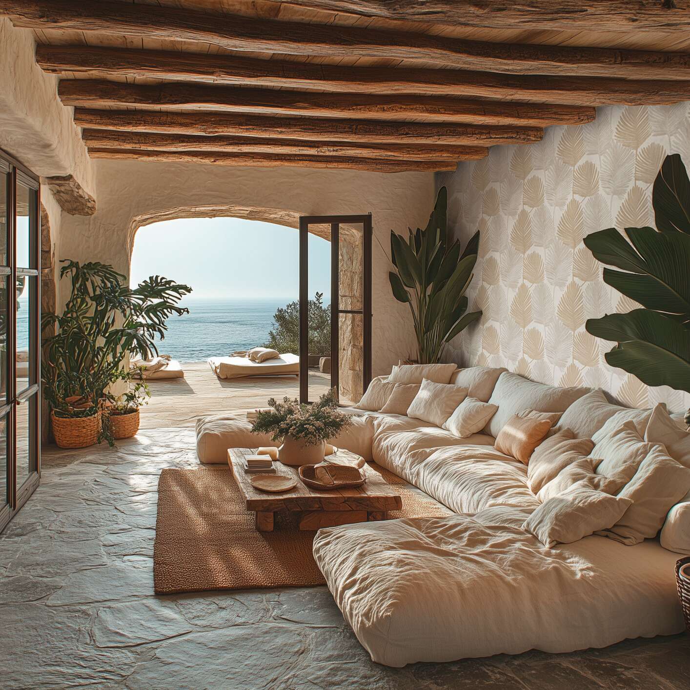 Tapetes ar palmu lapu motīvu un teksturētu virsmu pelēkā un bēšā tonī - guļamistabas interjerā