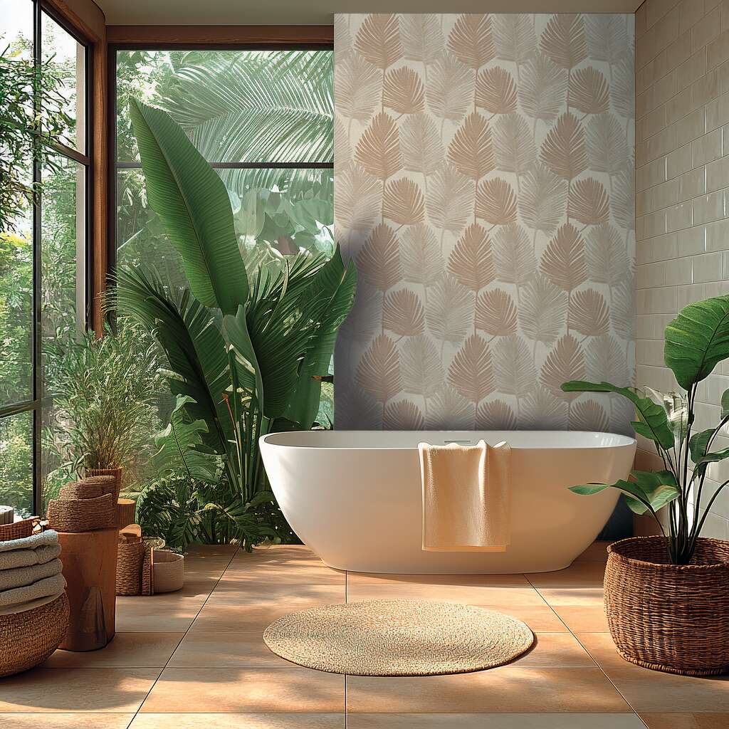 Tapetes ar palmu lapu motīvu un teksturētu virsmu pelēkā un bēšā tonī - viesistabas interjerā