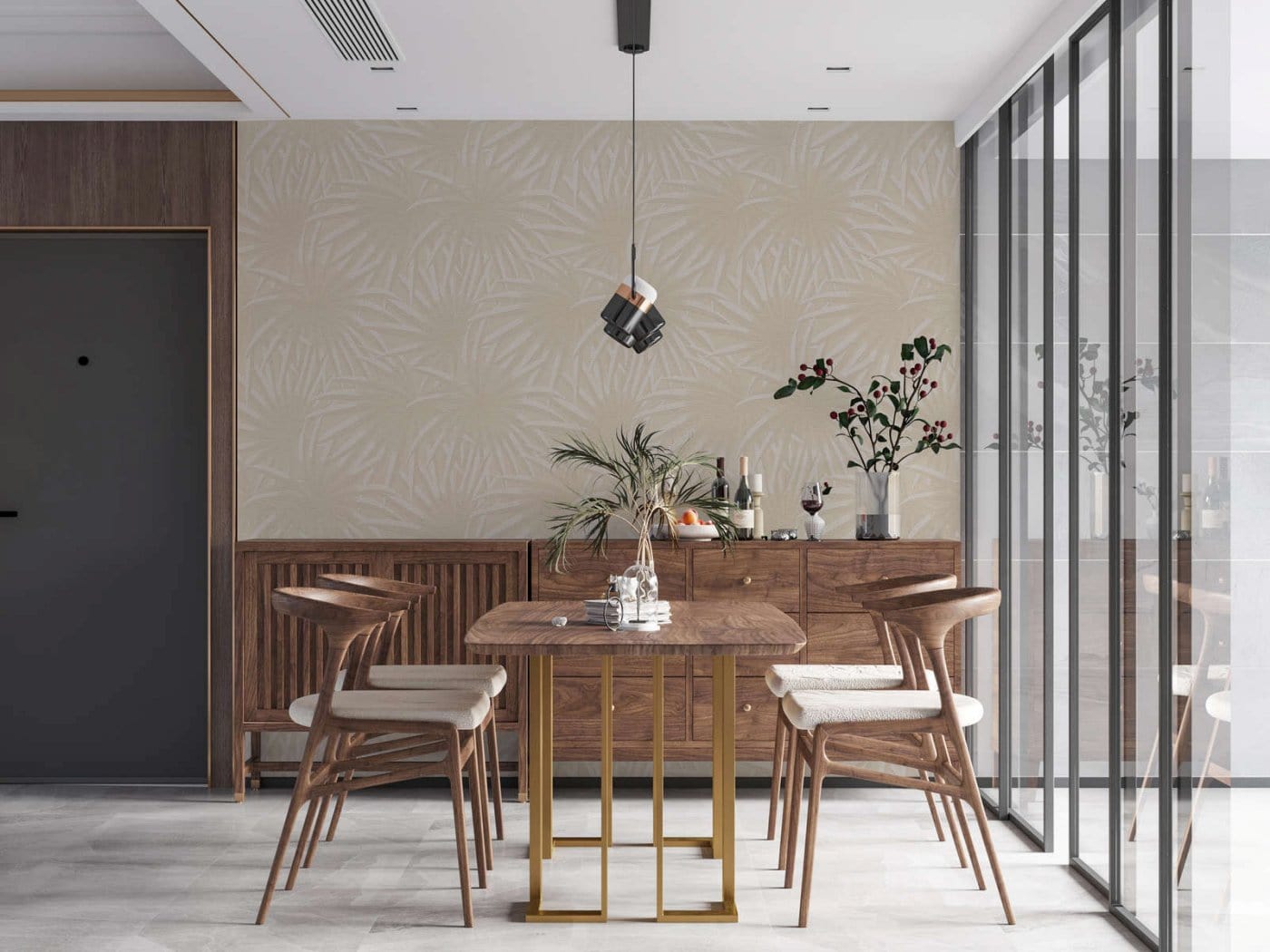 Tropiskas tapetes ar siltu palmu lapu motīvu ekso­tiskam sienas noformējumam