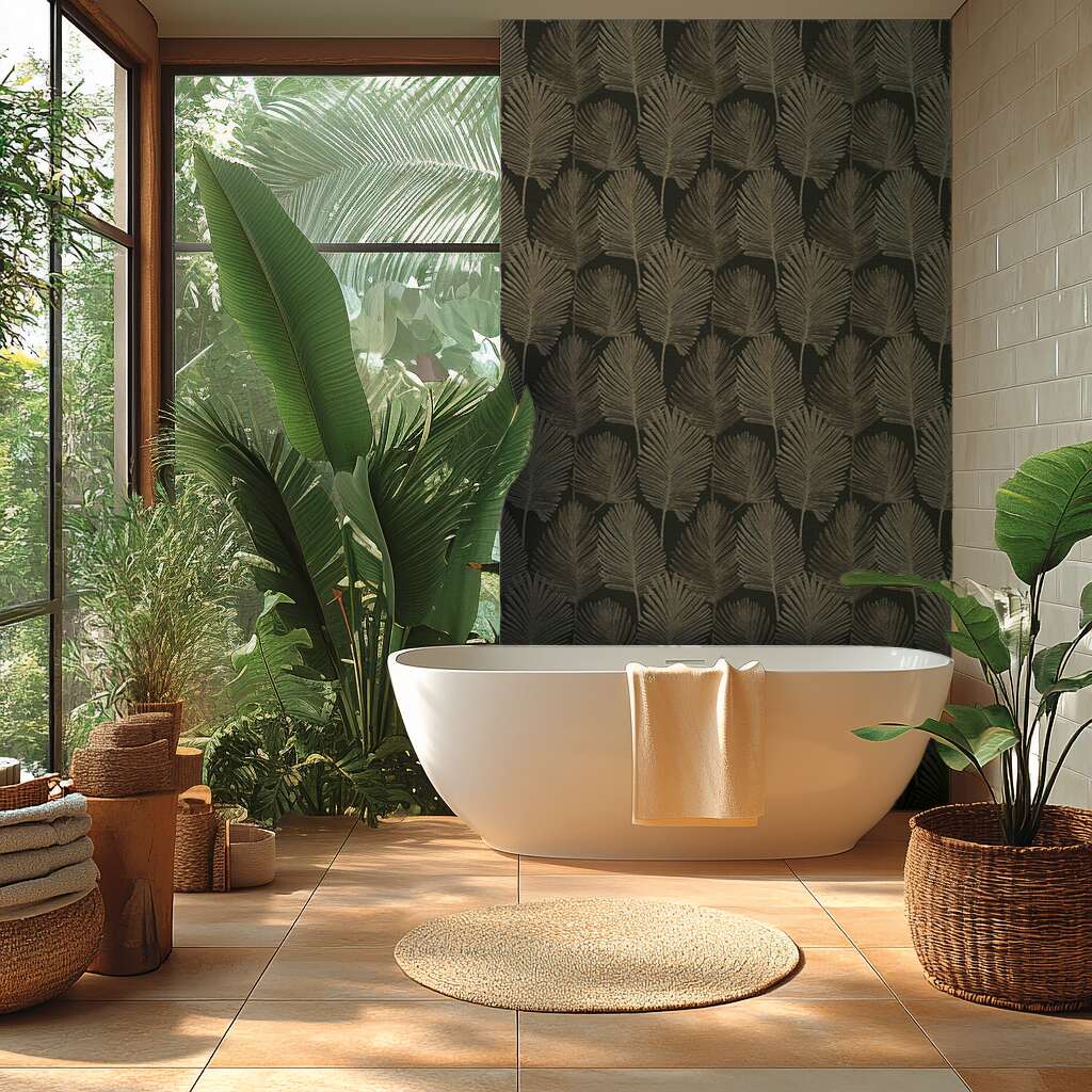 Melnas tapetes ar palmu lapām un zelta akcentiem — eksotisks stils - kombinācija ar mebelēm