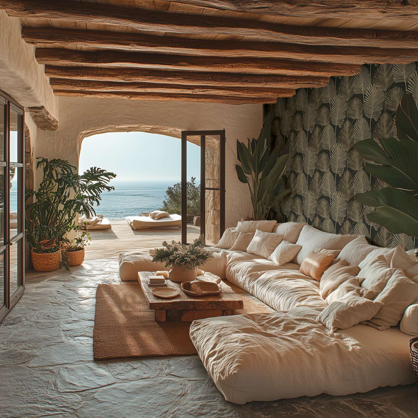 Melnas tapetes ar palmu lapām un zelta akcentiem — eksotisks stils - viesistabas interjerā