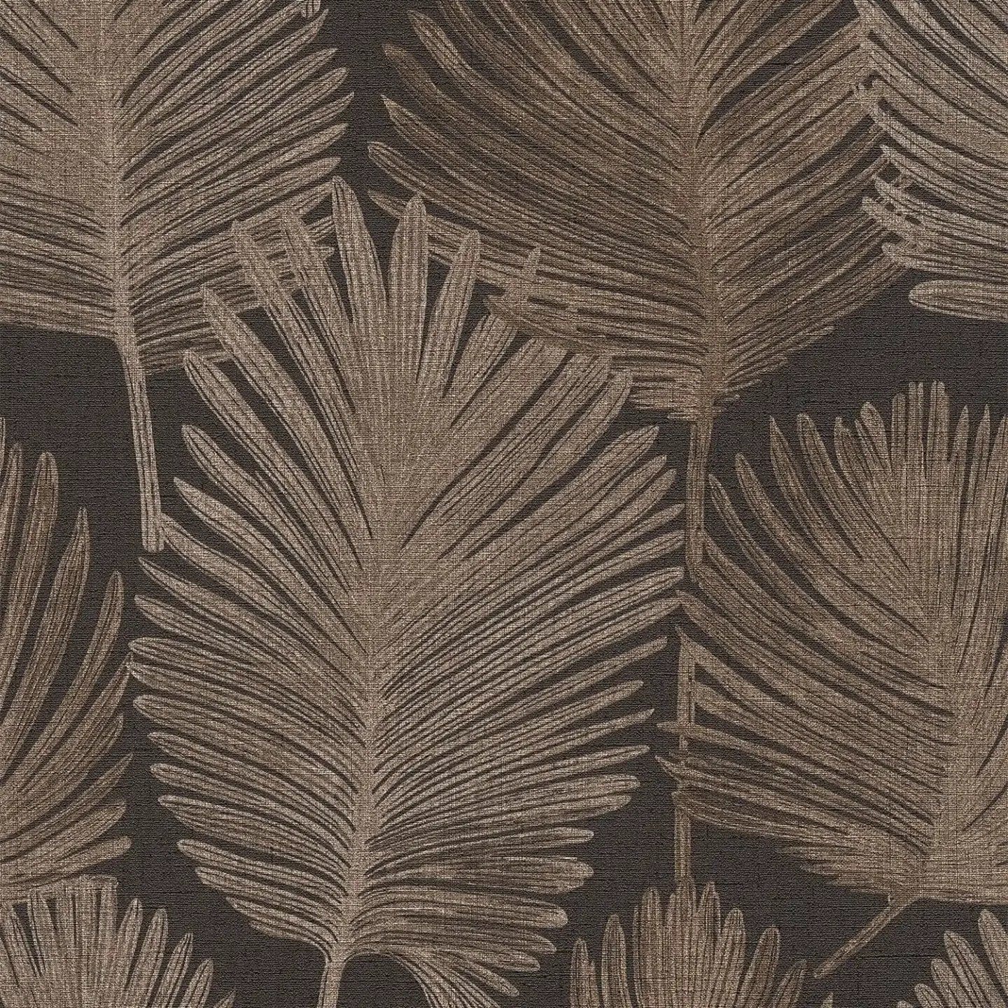 Melnas tapetes ar palmu lapām un zelta akcentiem — eksotisks stils - guļamistabas interjerā