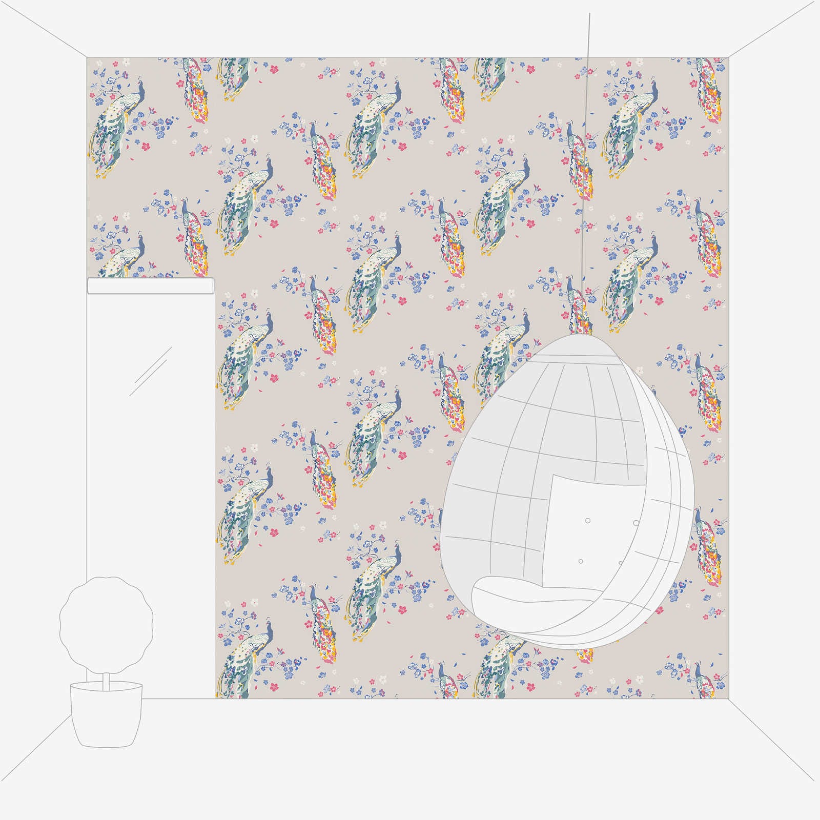 Dekoratīvas tapetes ar pāviem un reljefu virsmu - vizualizācija interjerā