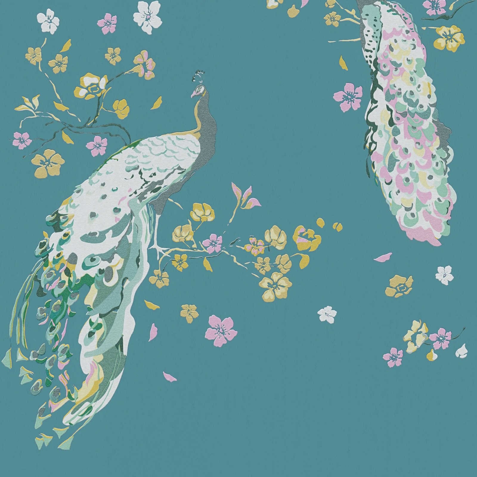 Tirkīza tapetes ar pāviem un smalku tekstūru - vizualizācija interjerā