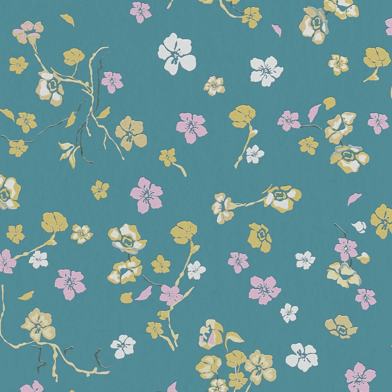 Tirkīza tapetes ar pāviem un smalku tekstūru - kombinācija ar mebelēm