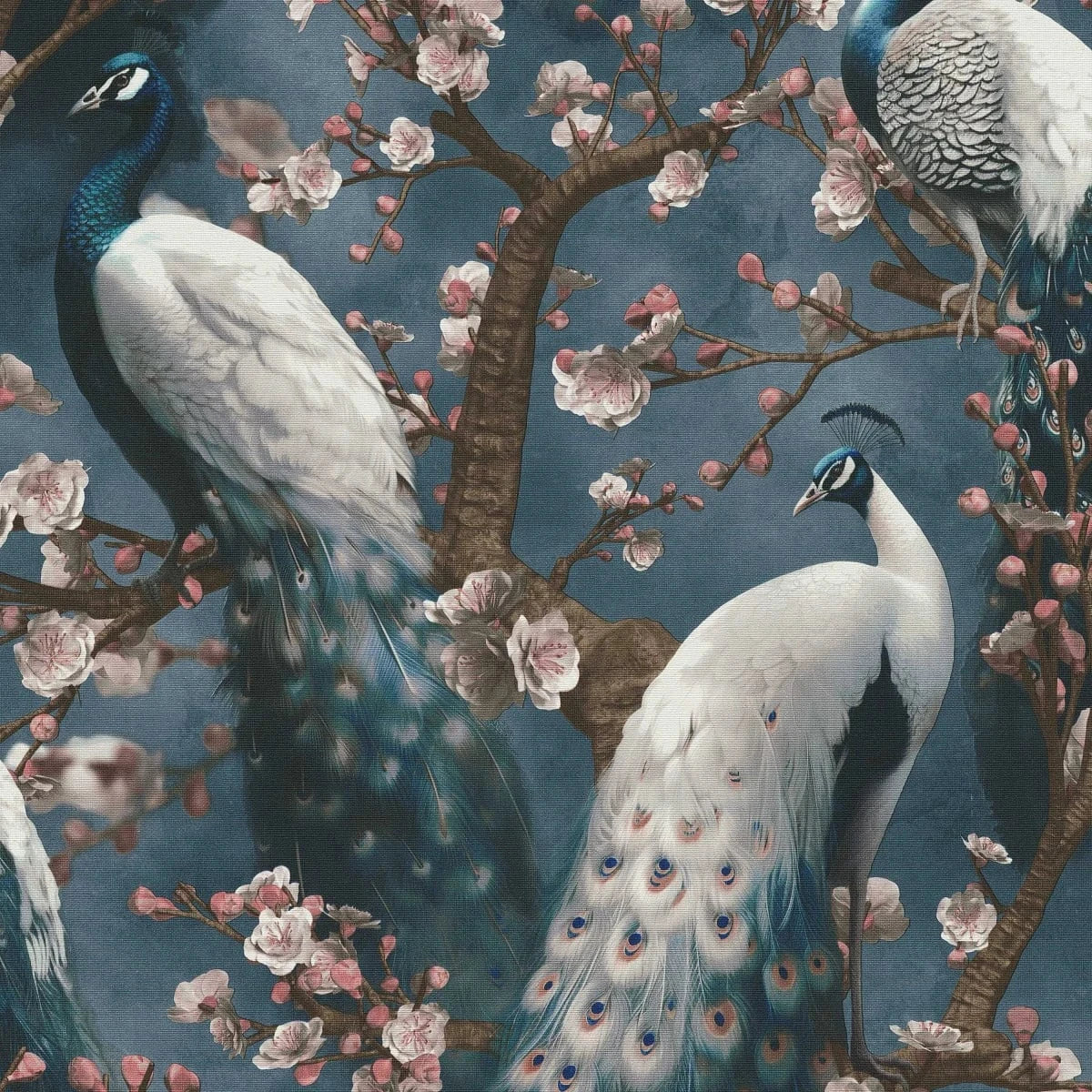 Zilas tapetes ar pāviem un tekstila faktūru interjerā – Erismann kolekcija  