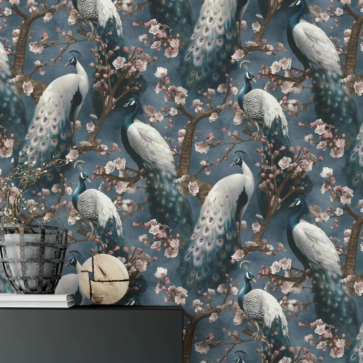 Zilas tapetes ar pāviem un tekstila faktūru interjerā – Erismann kolekcija  