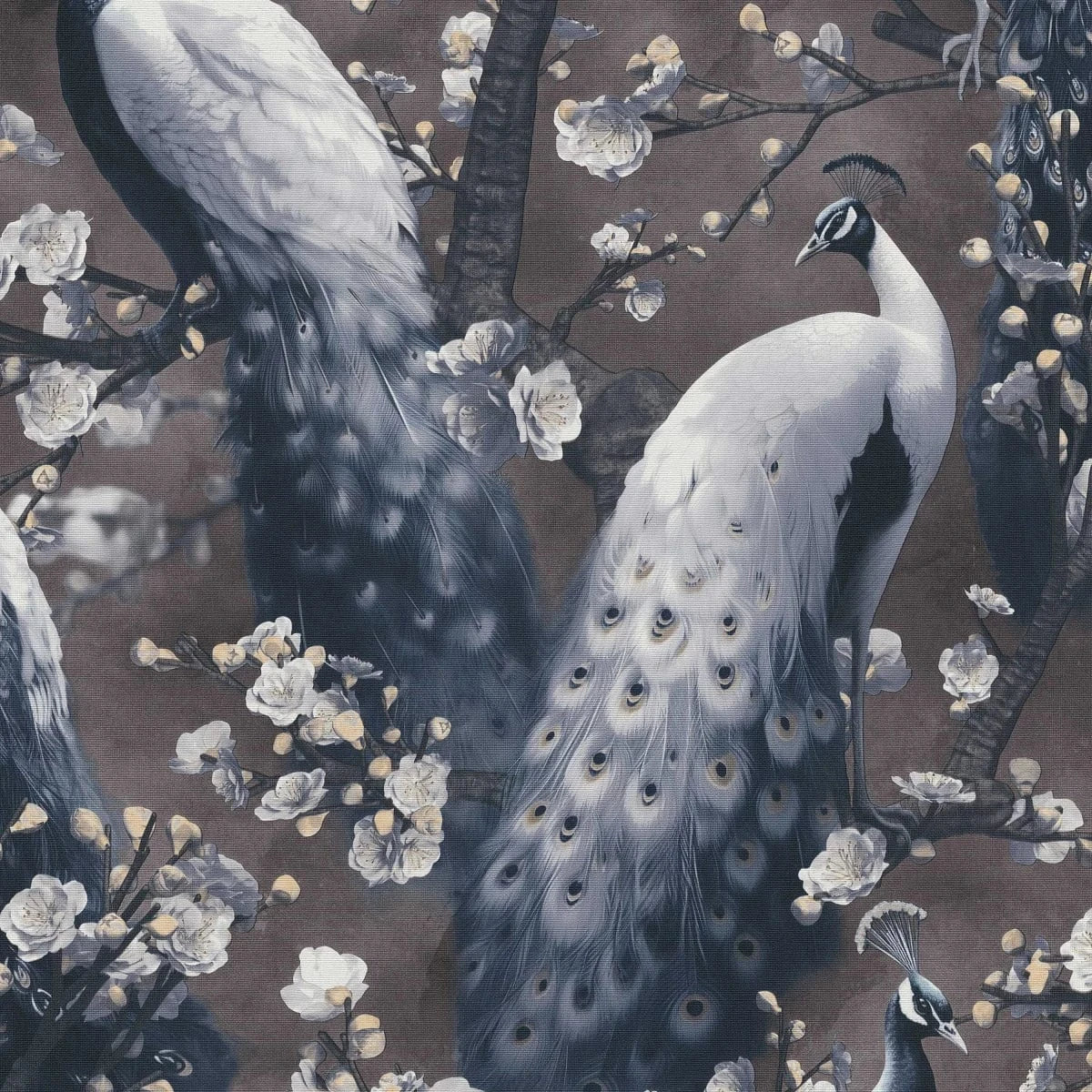 Vintage stila tapetes ar pāviem uz brūna fona interjerā – Erismann dizains  