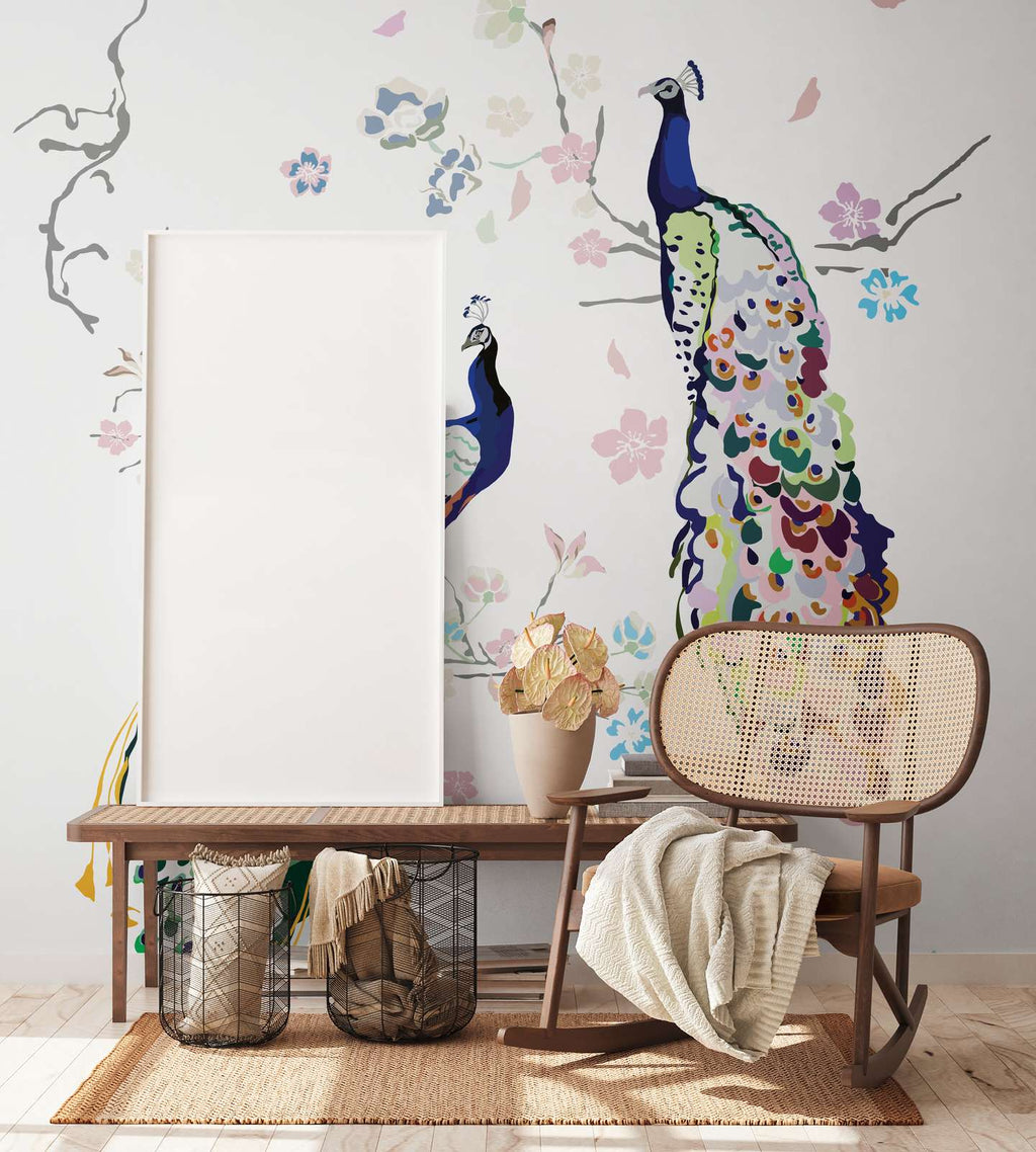 Tapetes ar pāvu un ziediem uz balta fona — dekoratīvs panelis - idejas interjerām