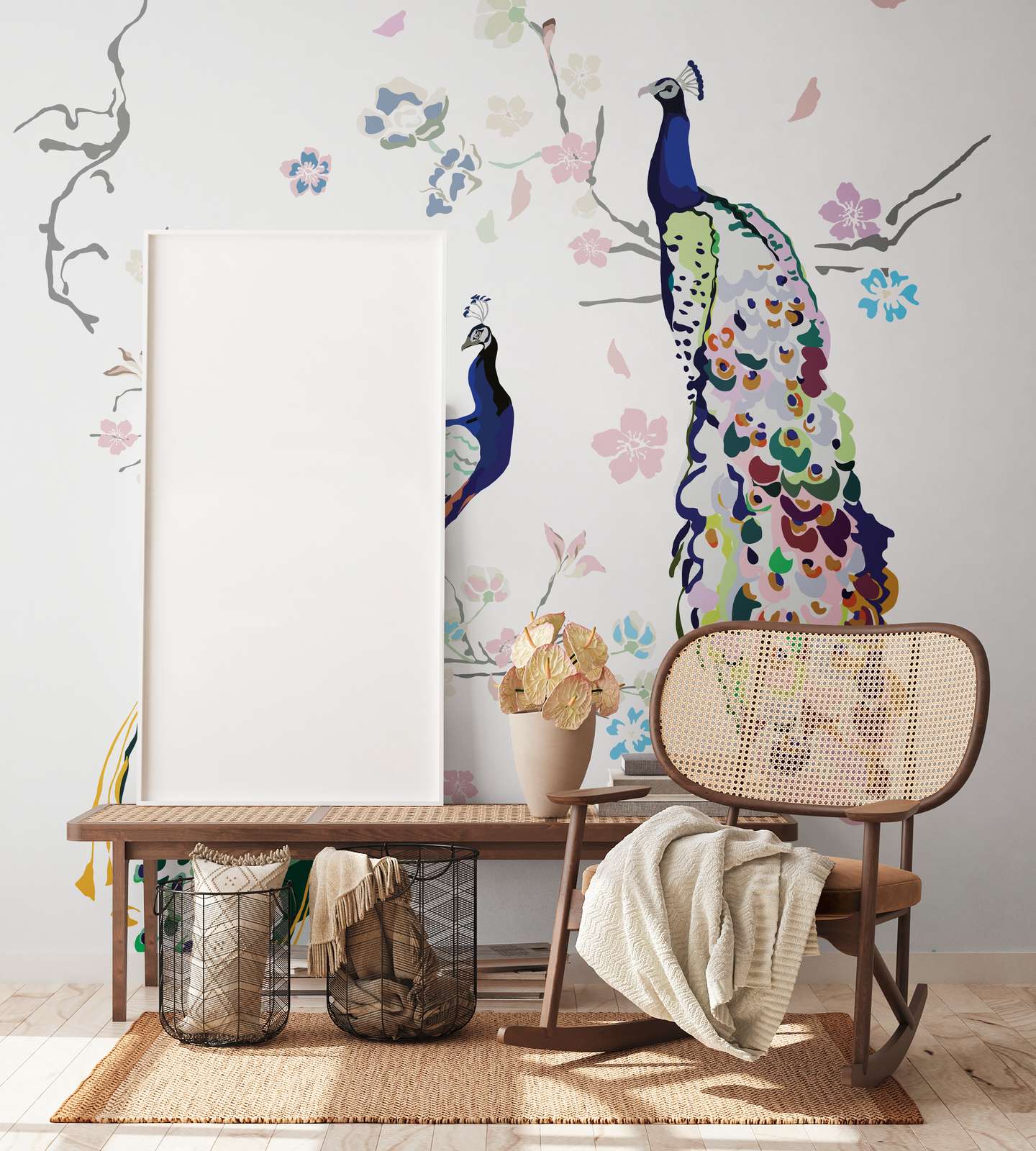 Tapetes ar pāvu un ziediem uz balta fona — dekoratīvs panelis - idejas interjerām