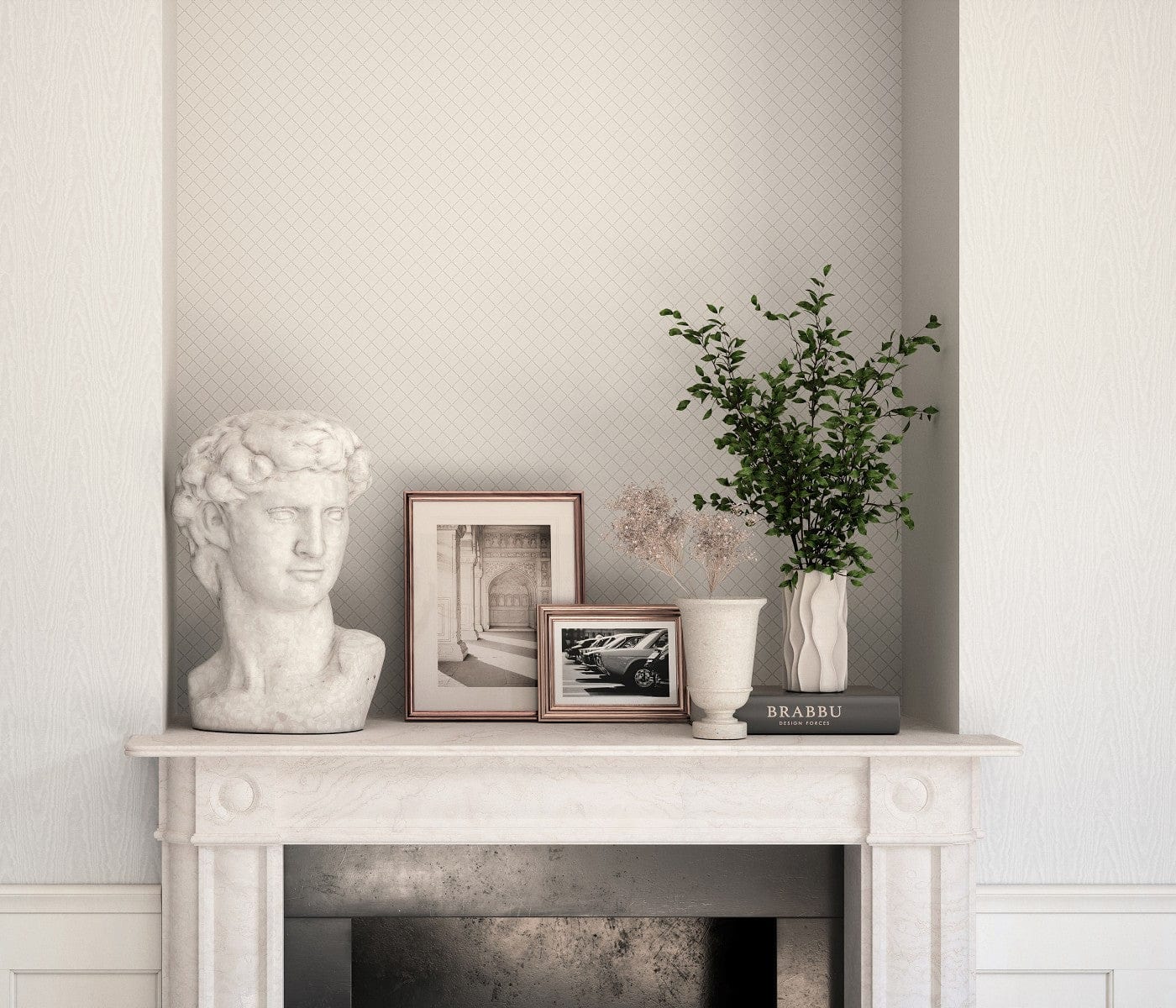 Smalkas gaiši pelēkas tapetes ar stepētu polsterējuma rakstu elegantam interjeram, 3731503, viesistabai - interjers 3