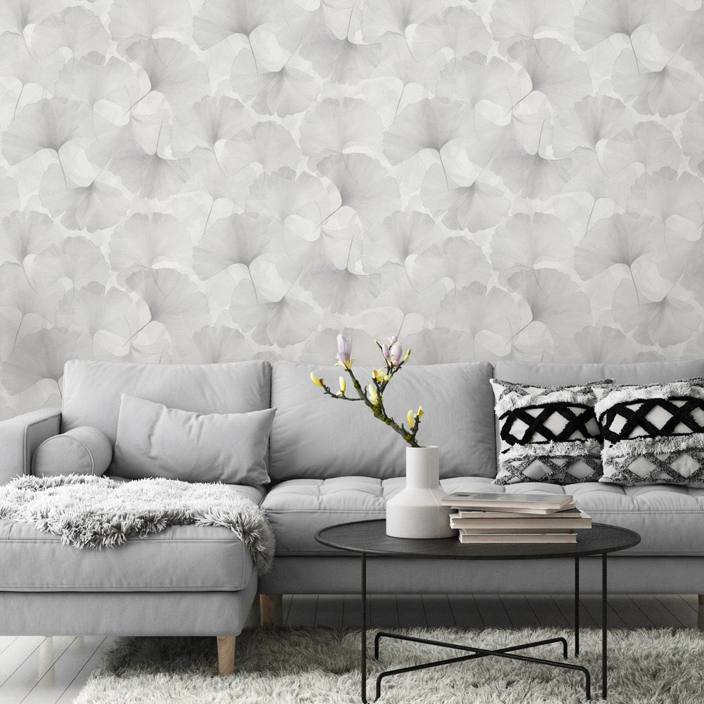 Erismann tapetes ar smalkām ginkgo lapām gaiši pelēkā krāsā 3774767