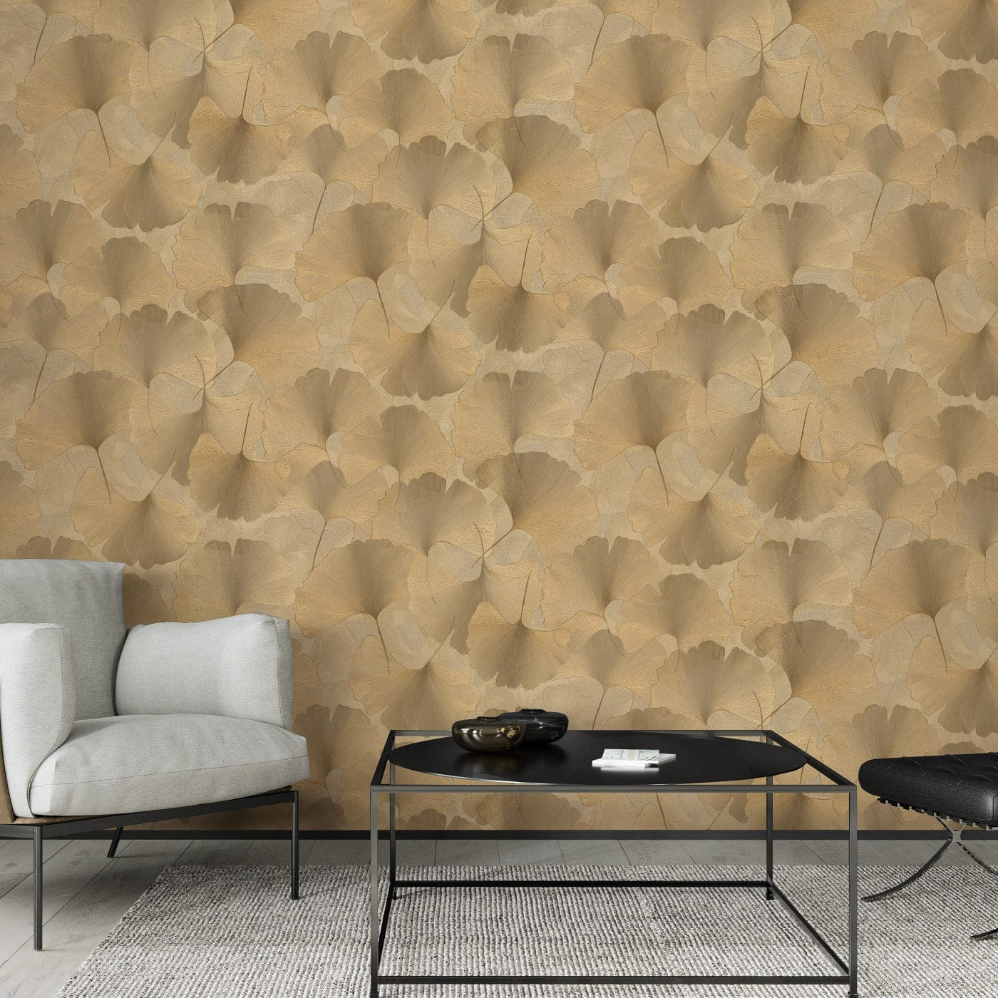 Erismann tapetes ar smalkām ginkgo lapām zelta krāsā 3774766
