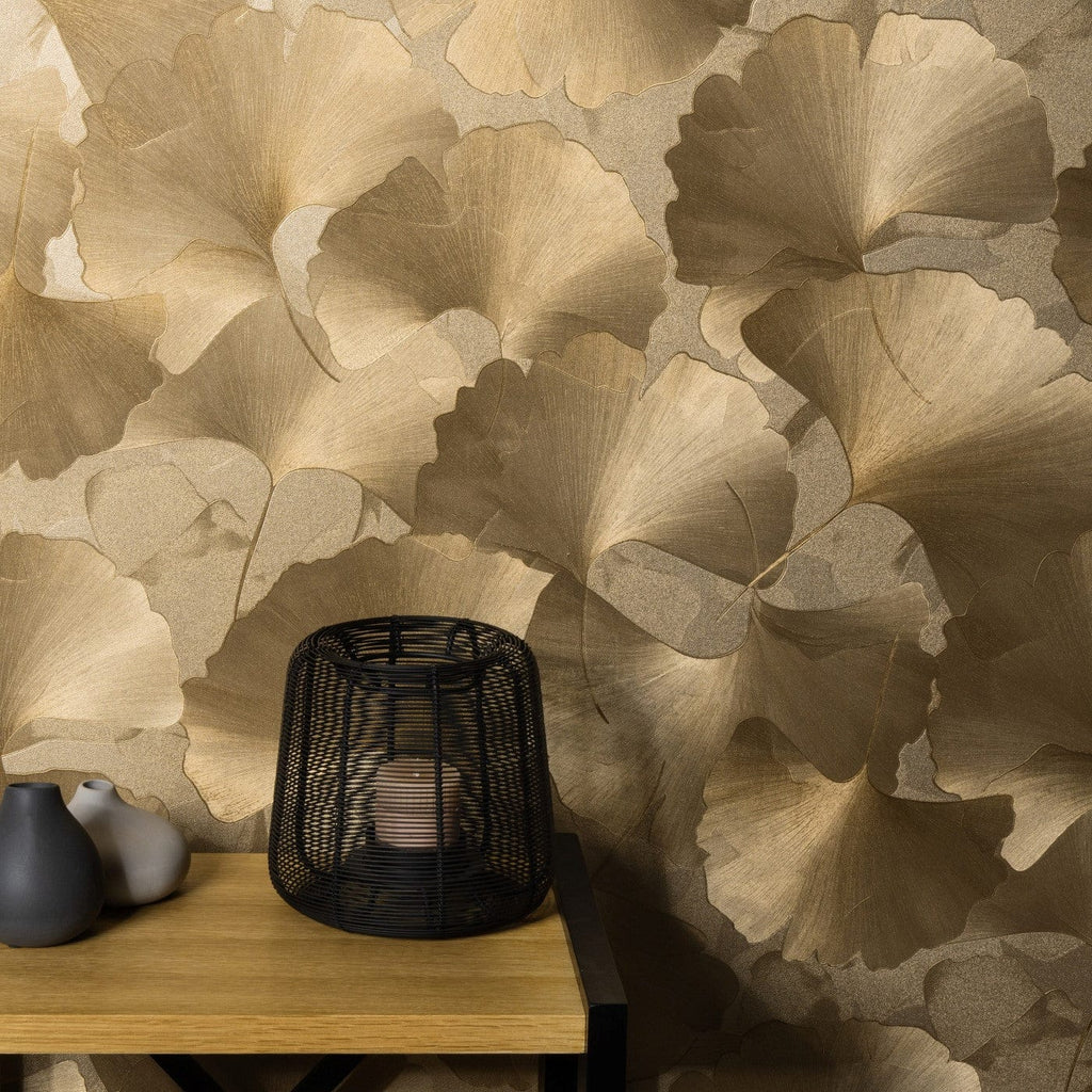 Erismann tapetes ar smalkām ginkgo lapām zelta krāsā 3774766