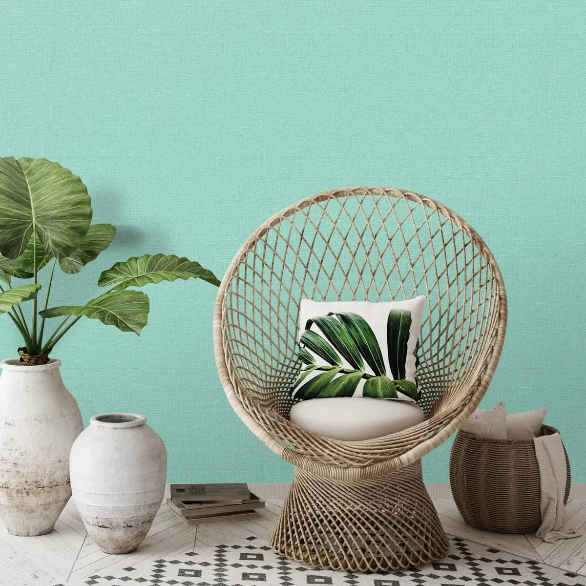 Tirkīza tapetes ar auduma rakstu – izteiksmīgs sienu akcents modernam interjeram  