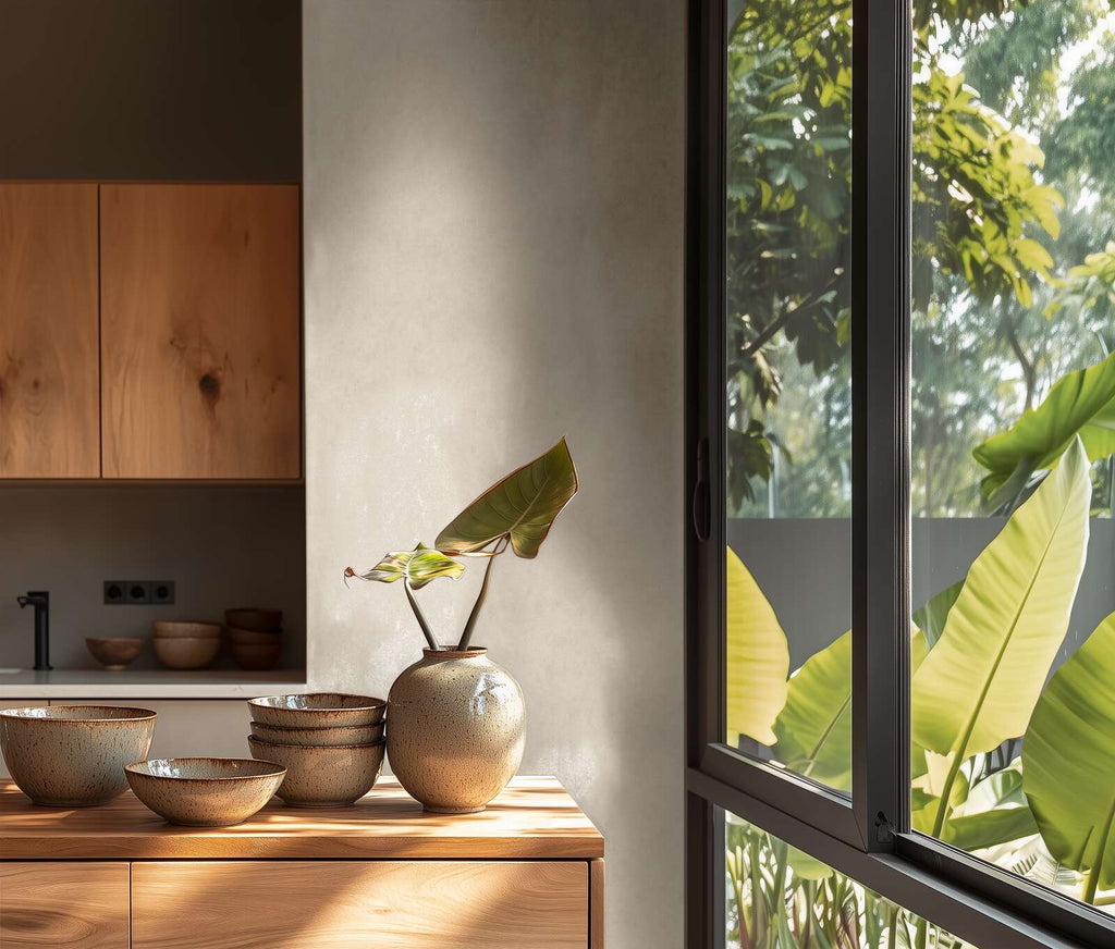 Krēmkrāsas tapetes ar smalku tekstūru un minimālisma dizainu - kombinācija ar mebelēm