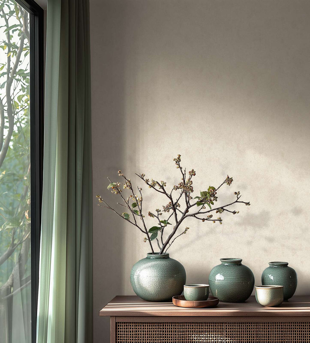 Krēmkrāsas tapetes ar smalku tekstūru un minimālisma dizainu - vizualizācija interjerā