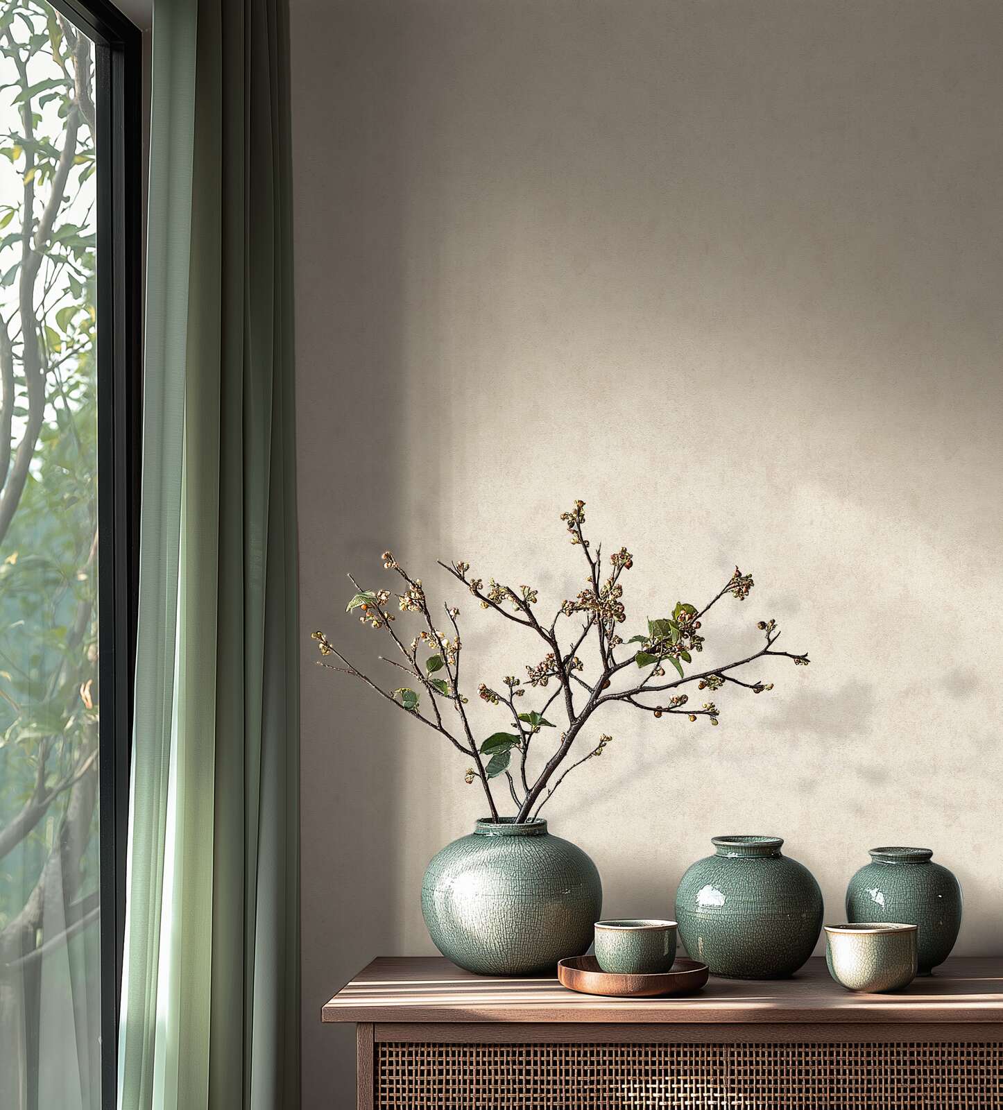 Krēmkrāsas tapetes ar smalku tekstūru un minimālisma dizainu - vizualizācija interjerā