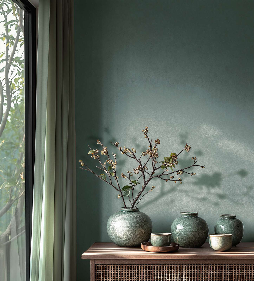 Tapetes zilgani zaļā krāsā ar elegantu spīdumu un faktūru - viesistabas interjerā