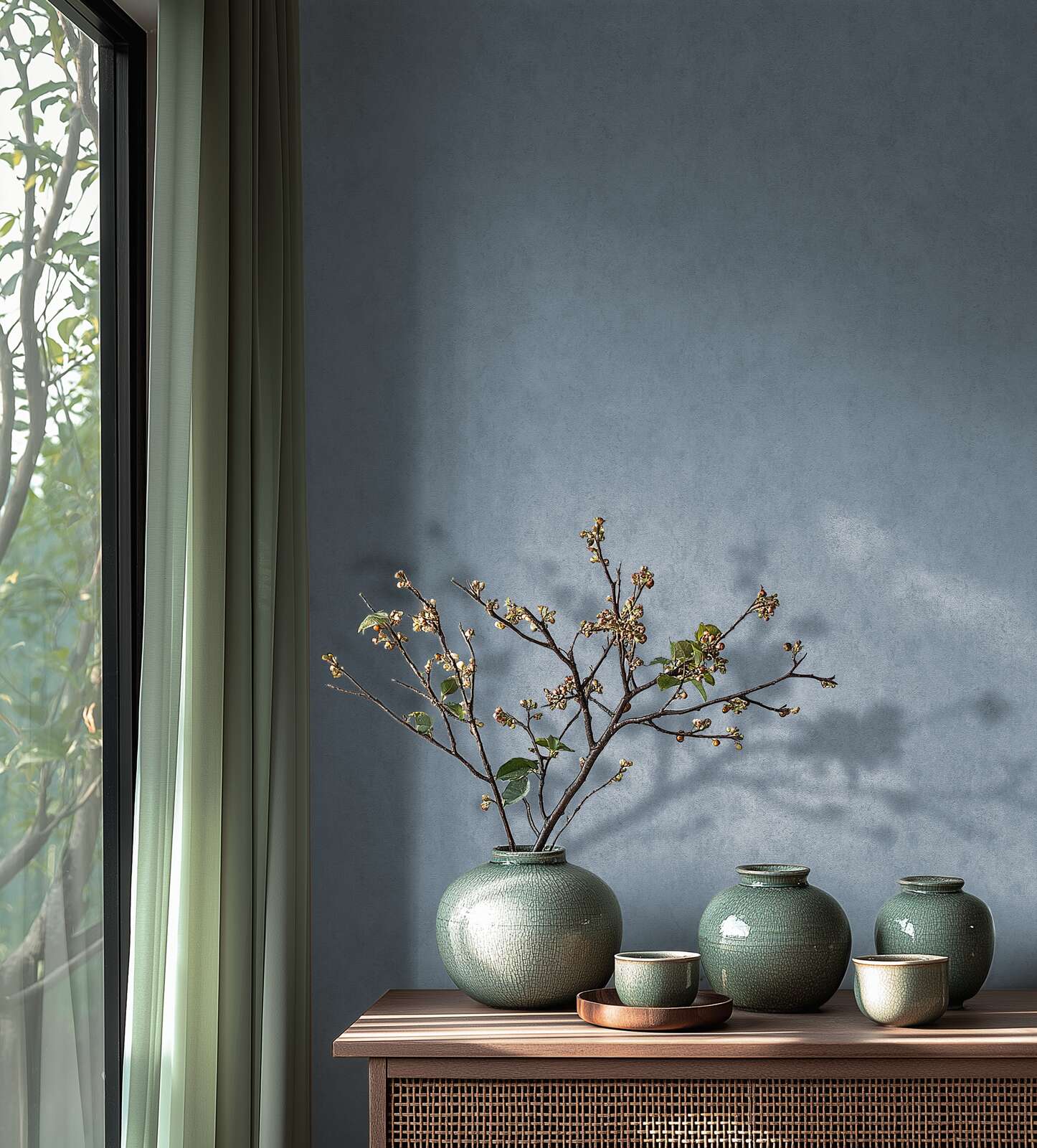 Tapetes ar elegantu tekstūru un vieglu spīdumu zilā gamā - vizualizācija interjerā