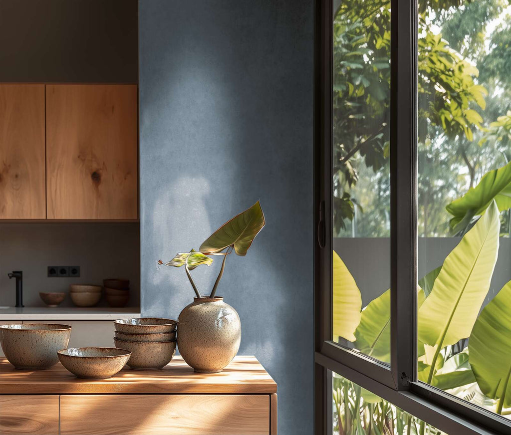 Tapetes ar elegantu tekstūru un vieglu spīdumu zilā gamā - idejas interjerām