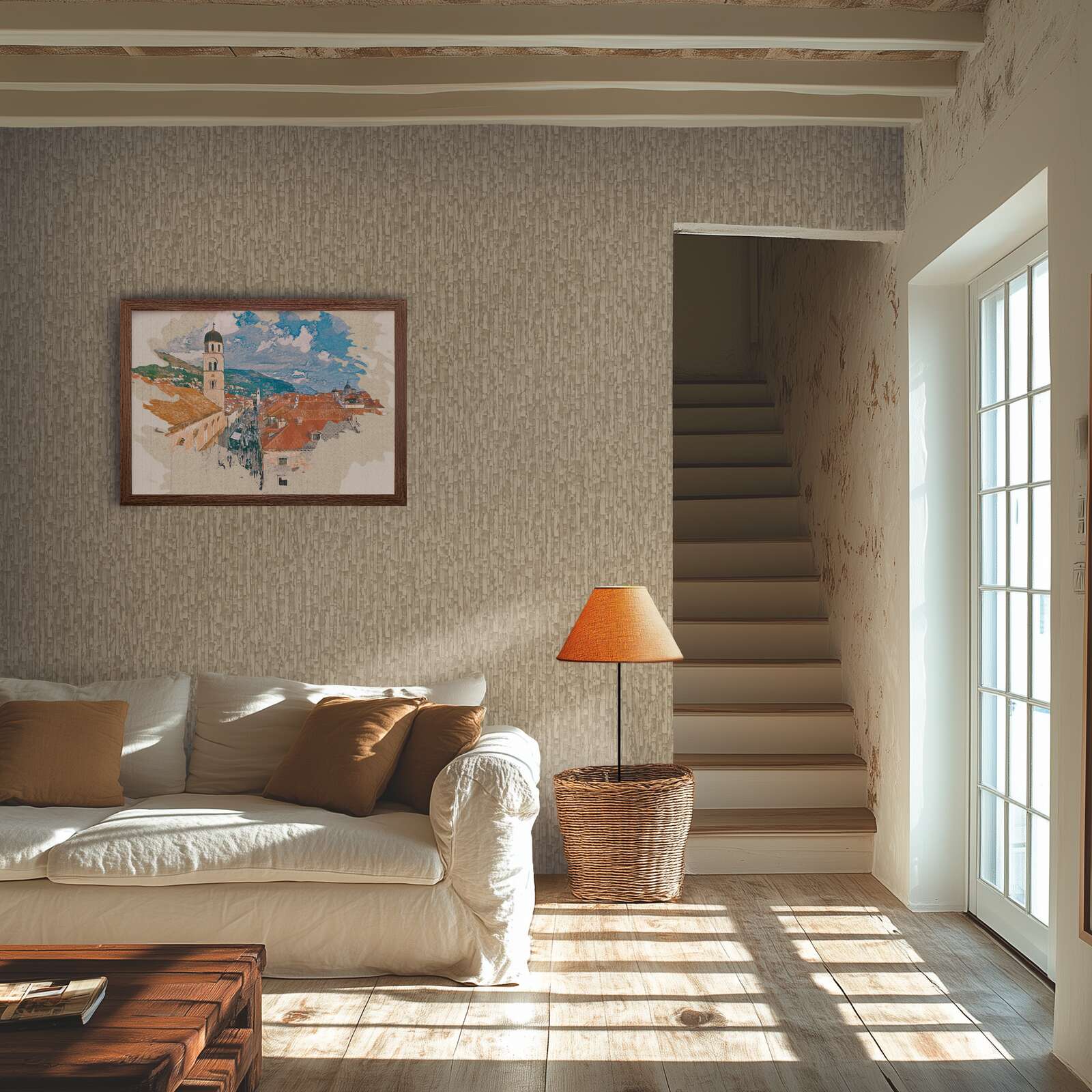 Tapetes ar taupe un pelēku toņu smalku tekstūru - kombinācija ar mebelēm