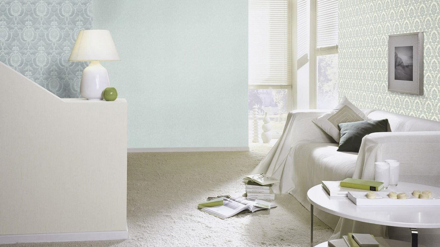 Smalka izšuvuma tapetes ar baroka ornamentu, zilā krāsā, RASCH, 570830, Trianon XIII