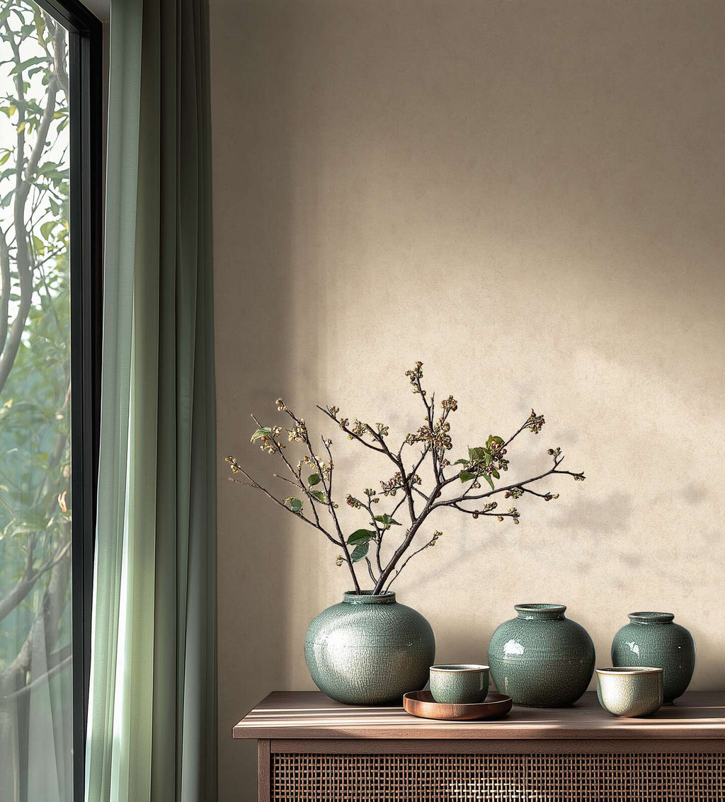 Bēšas tapetes ar izsmalcinātu tekstūru un modernu dizainu - idejas interjerām