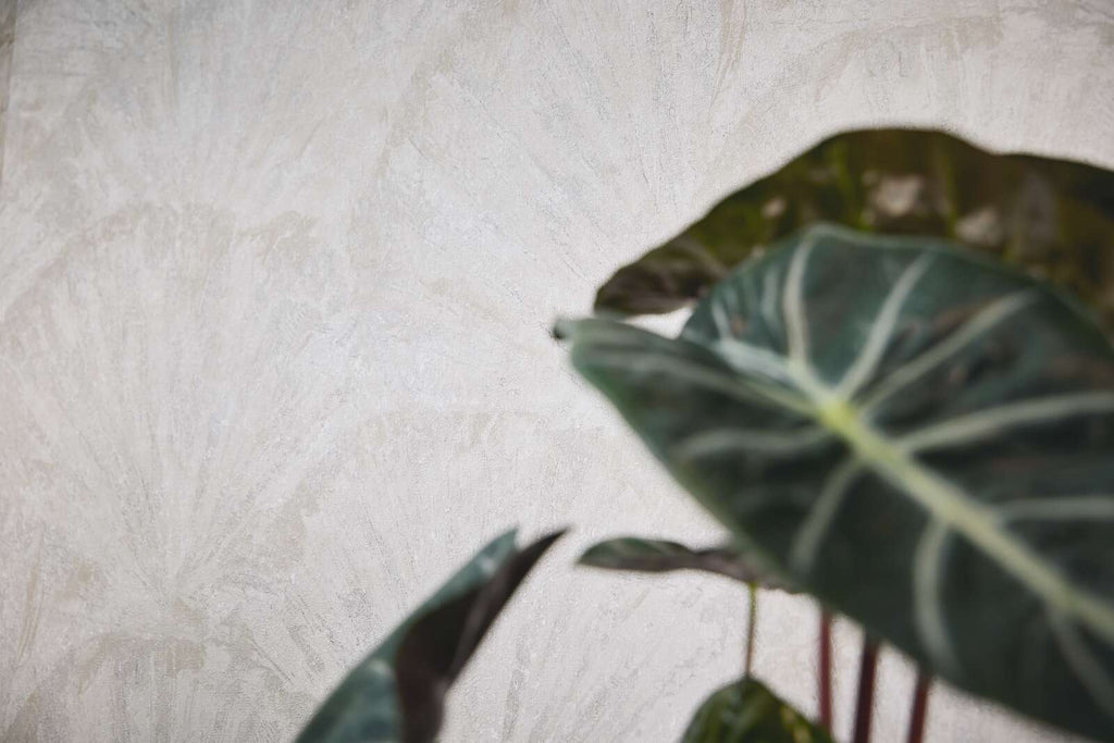 Baltas un sudrabainas tapetes ar lapu faktūru - istabas interjerā