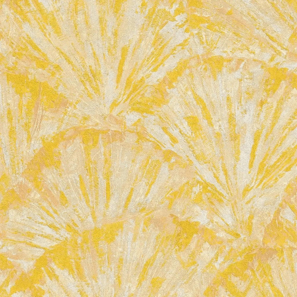 Dzeltenas tapetes ar organisku lapu dizainu un smalku tekstūru - guļamistabas interjerā