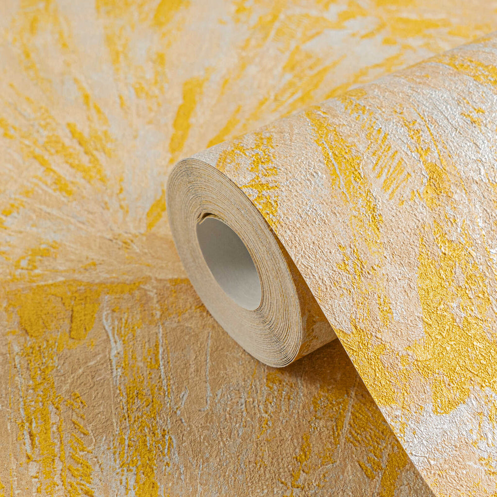 Dzeltenas tapetes ar organisku lapu dizainu un smalku tekstūru - vizualizācija interjerā