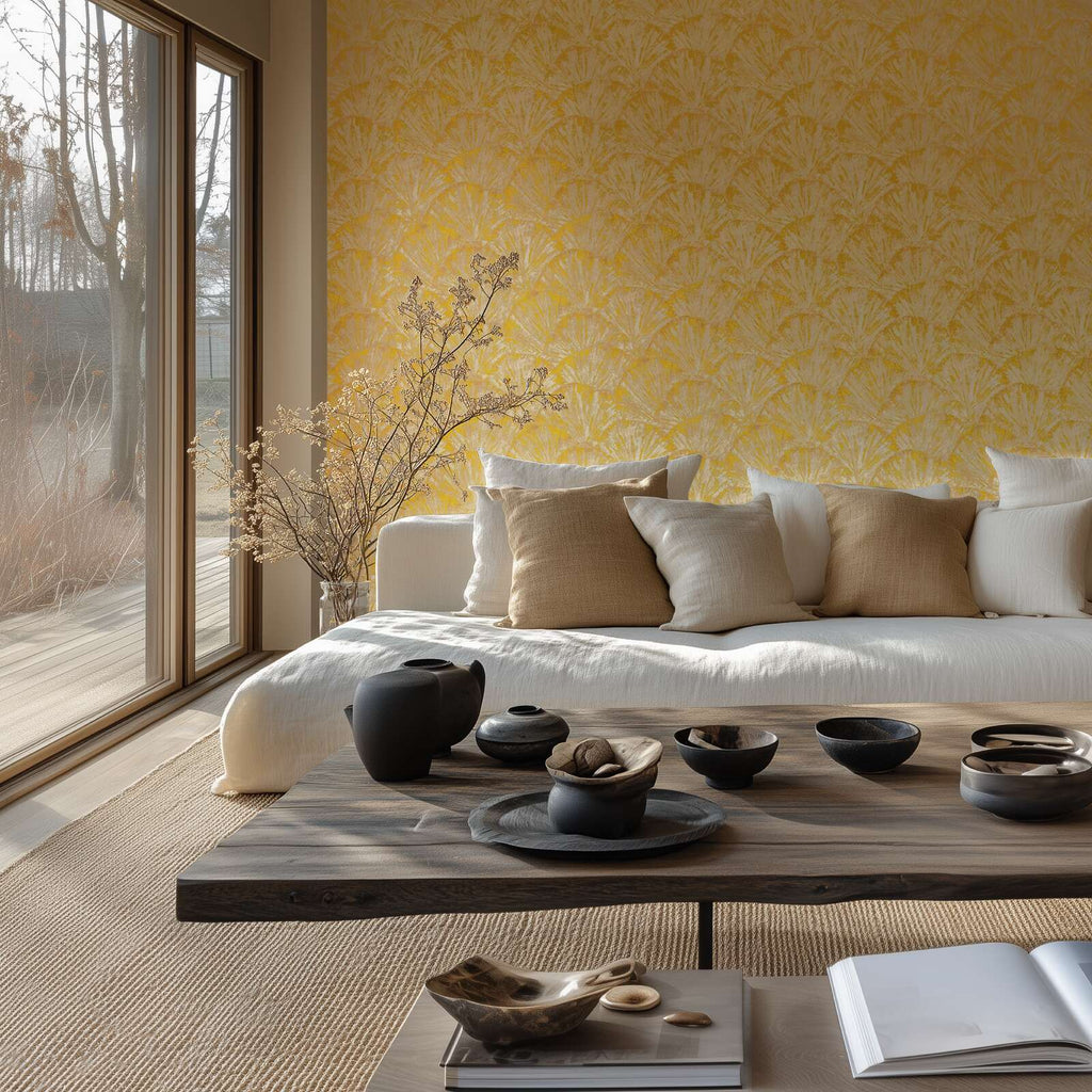 Dzeltenas tapetes ar organisku lapu dizainu un smalku tekstūru - viesistabas interjerā