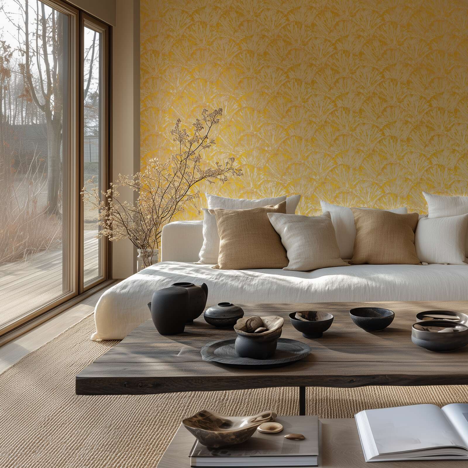 Dzeltenas tapetes ar organisku lapu dizainu un smalku tekstūru - viesistabas interjerā
