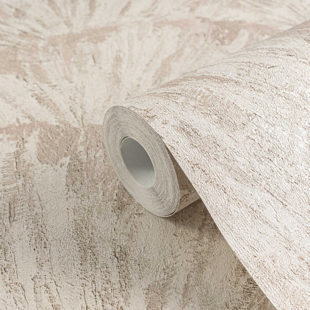 Bēšas tapetes ar organisku lapu rakstu un teksturētu virsmu - vizualizācija interjerā