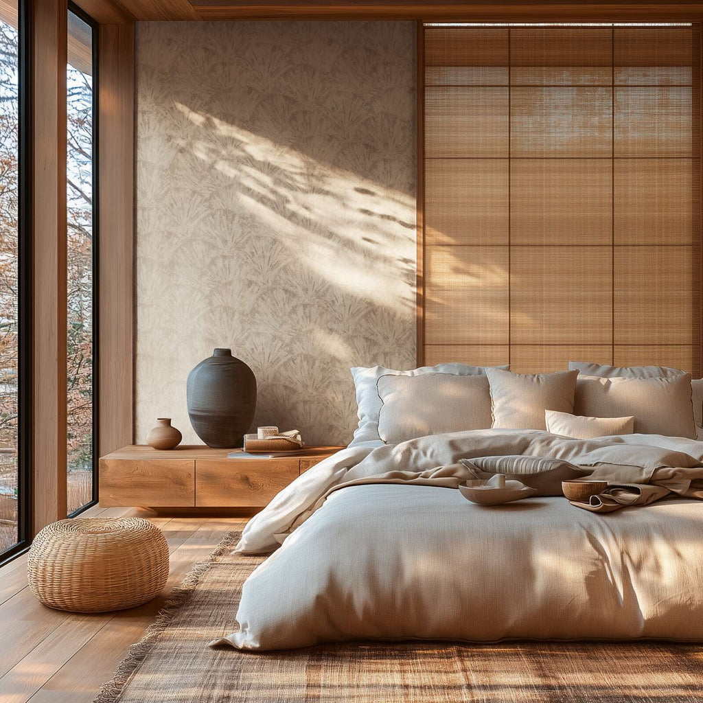 Bēšas tapetes ar organisku lapu rakstu un teksturētu virsmu - viesistabas interjerā