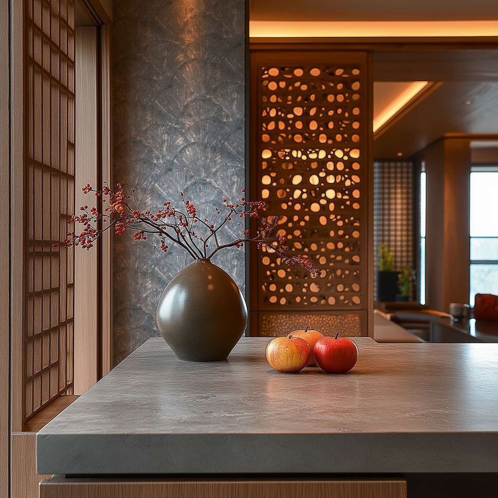 Zilas tapetes ar dabas iedvesmotu lapu faktūru un eleganci - kombinācija ar mebelēm