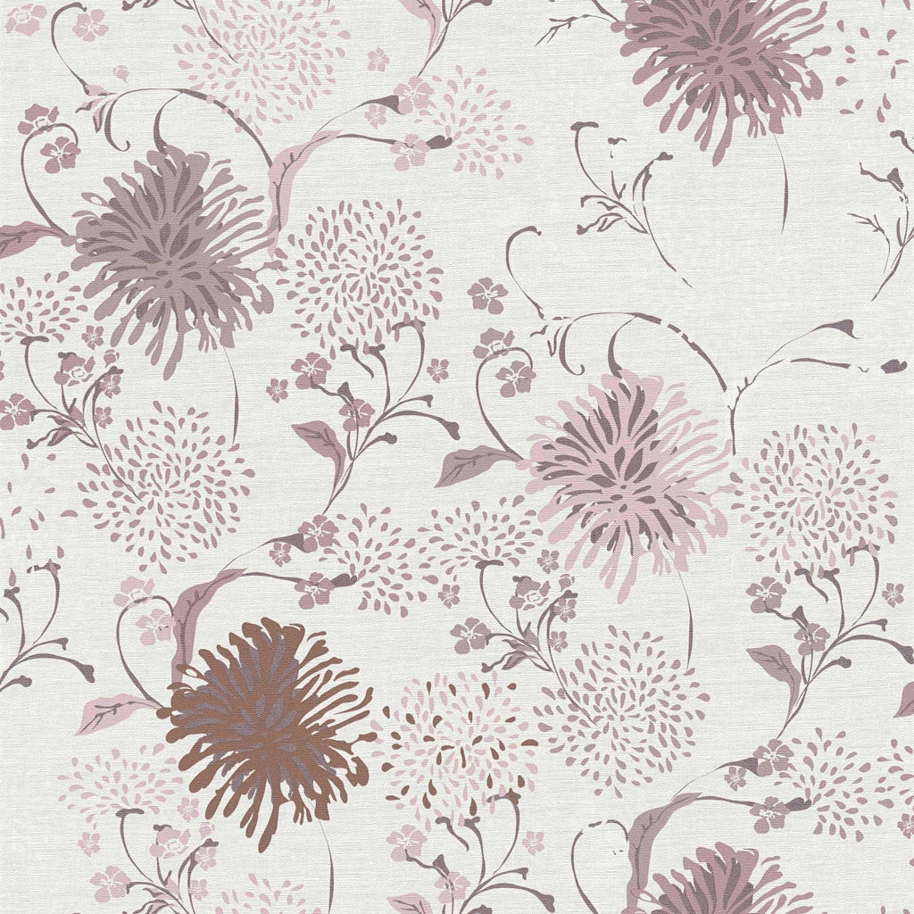 Krēmrozā ziedu tapetes ar stilizētu dizainu - guļamistabas interjerā