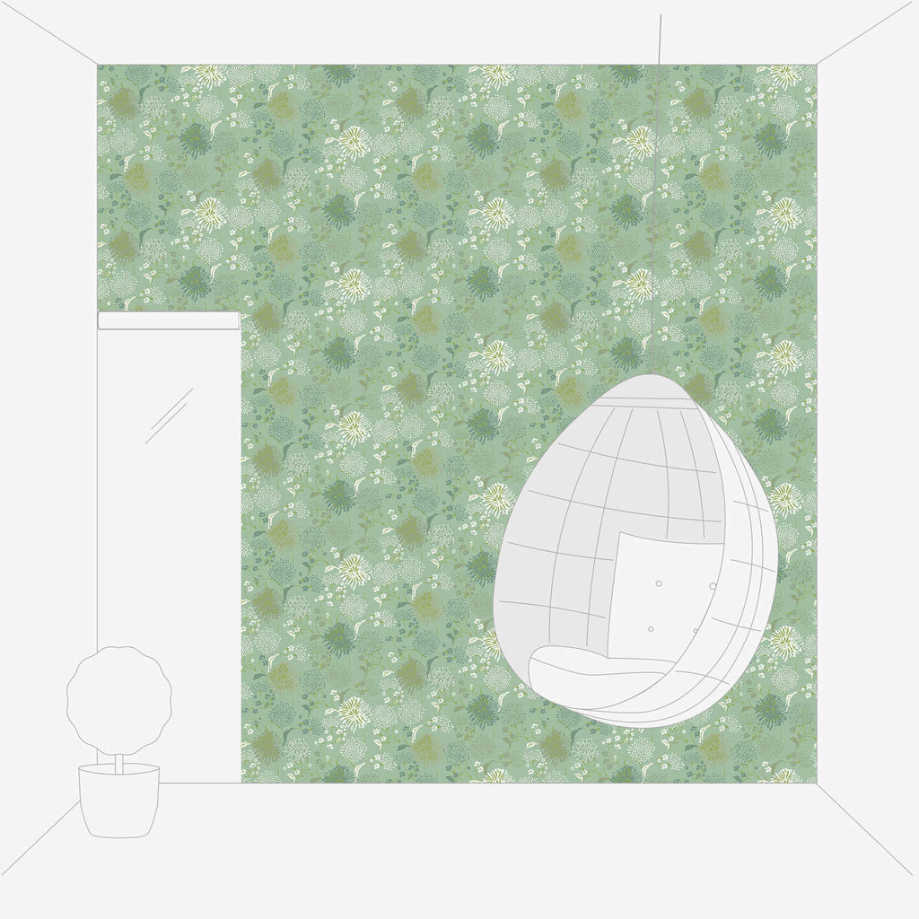 Ziedu motīva tapetes ar stilizētu rakstu zaļā tonī - viesistabas interjerā