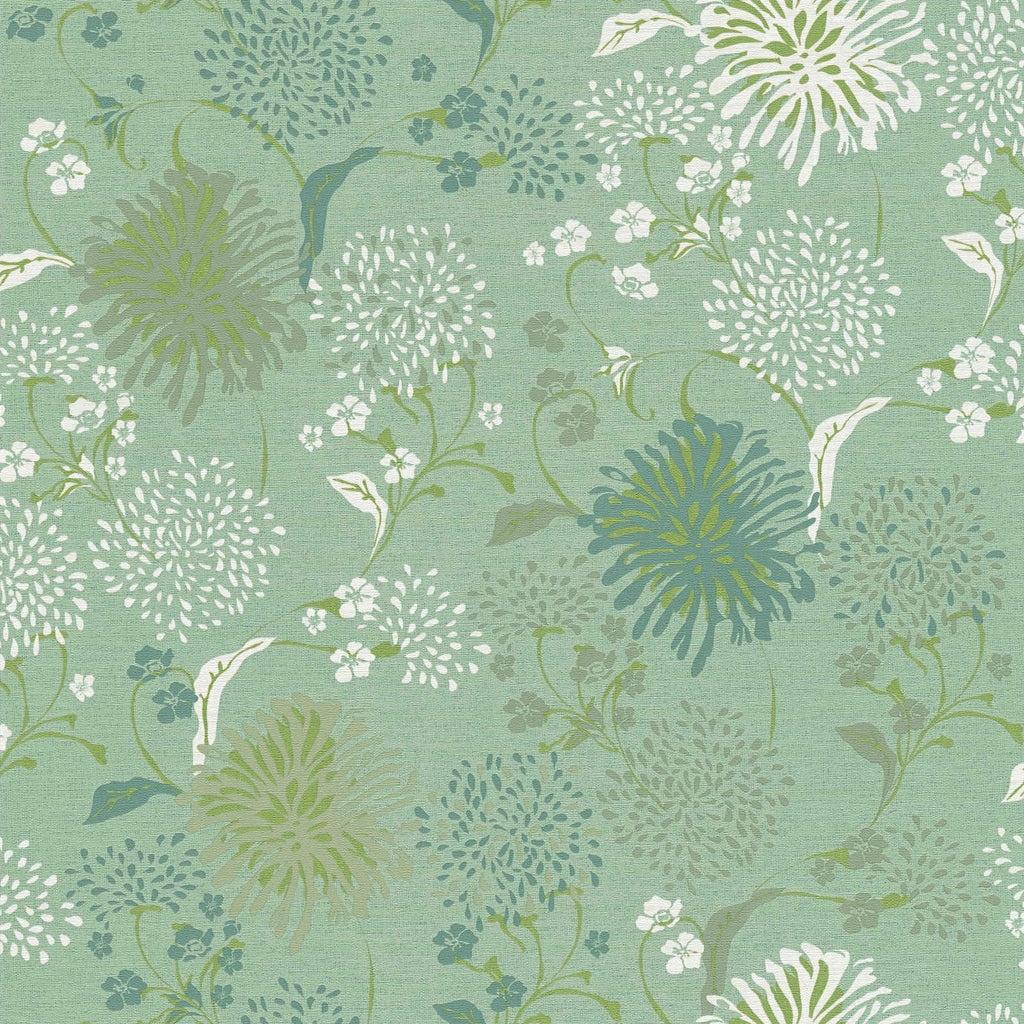 Ziedu motīva tapetes ar stilizētu rakstu zaļā tonī - guļamistabas interjerā