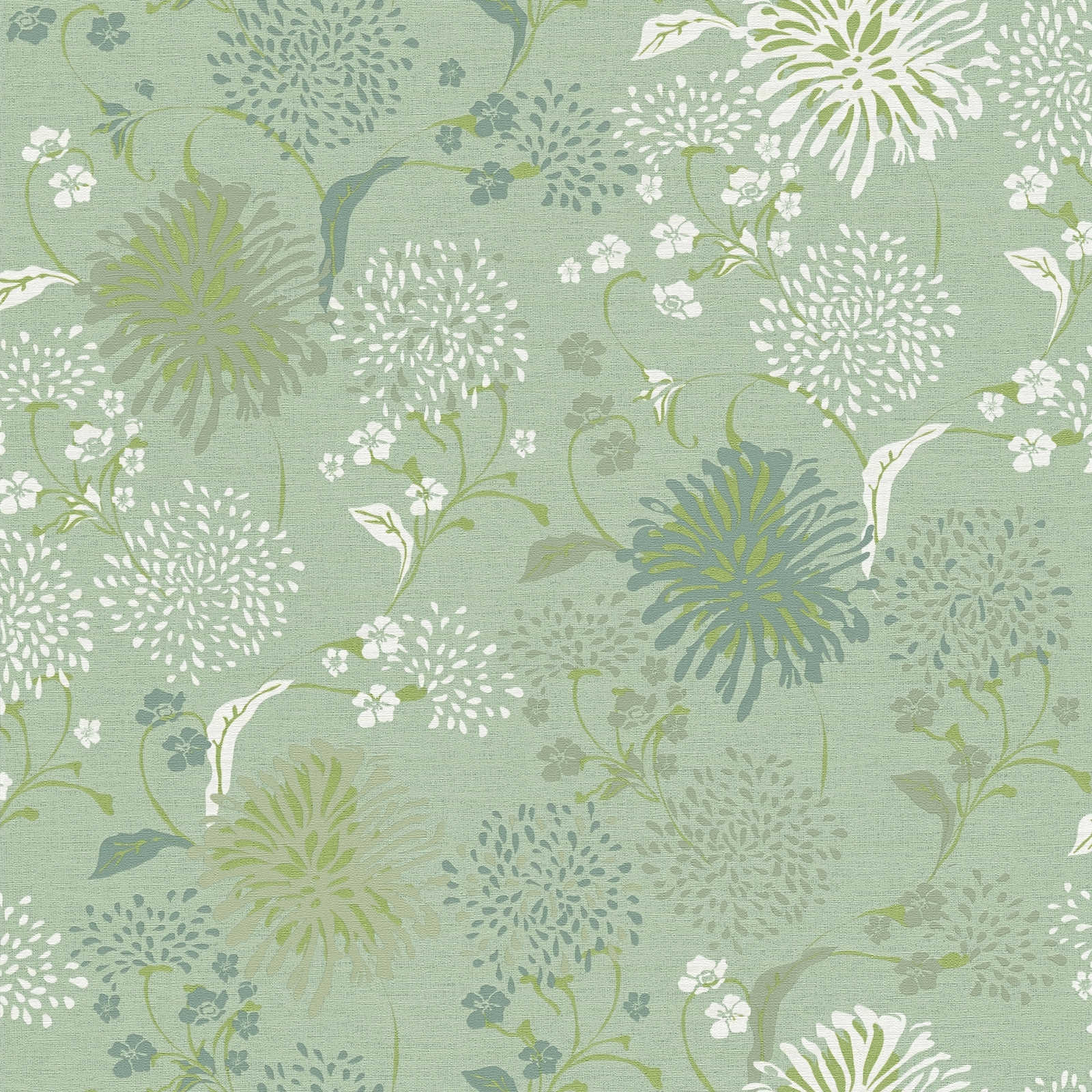 Ziedu motīva tapetes ar stilizētu rakstu zaļā tonī - guļamistabas interjerā