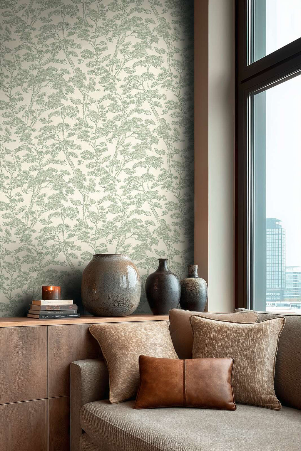 Zaļi baltas tapetes ar priežu motīvu un spīdīgu tekstūru | 3006775