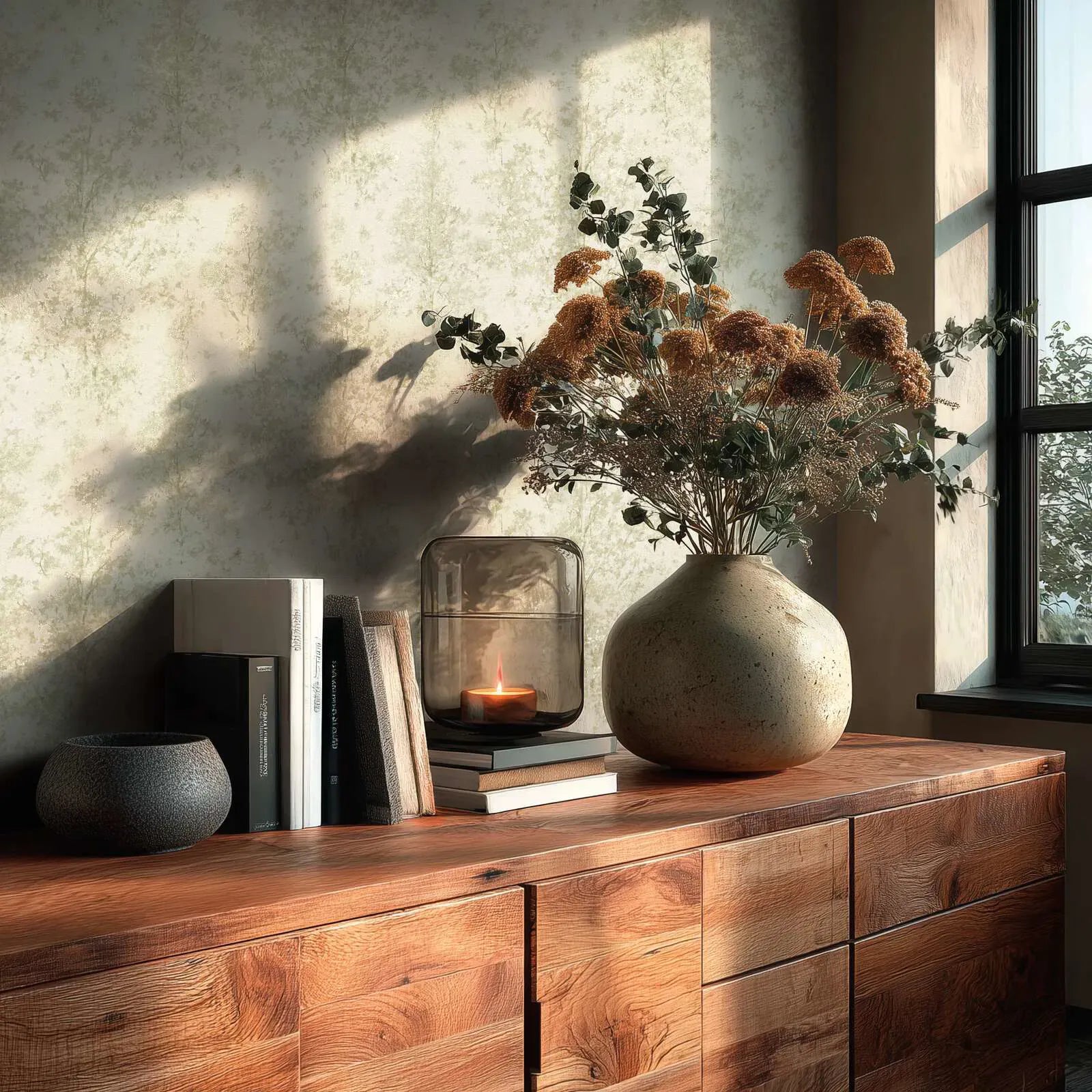 Krēmkrāsas un zaļas tapetes ar stilizētu meža motīvu dabas iedvesmotā guļamistabas interjerā. SKU: 3012704.