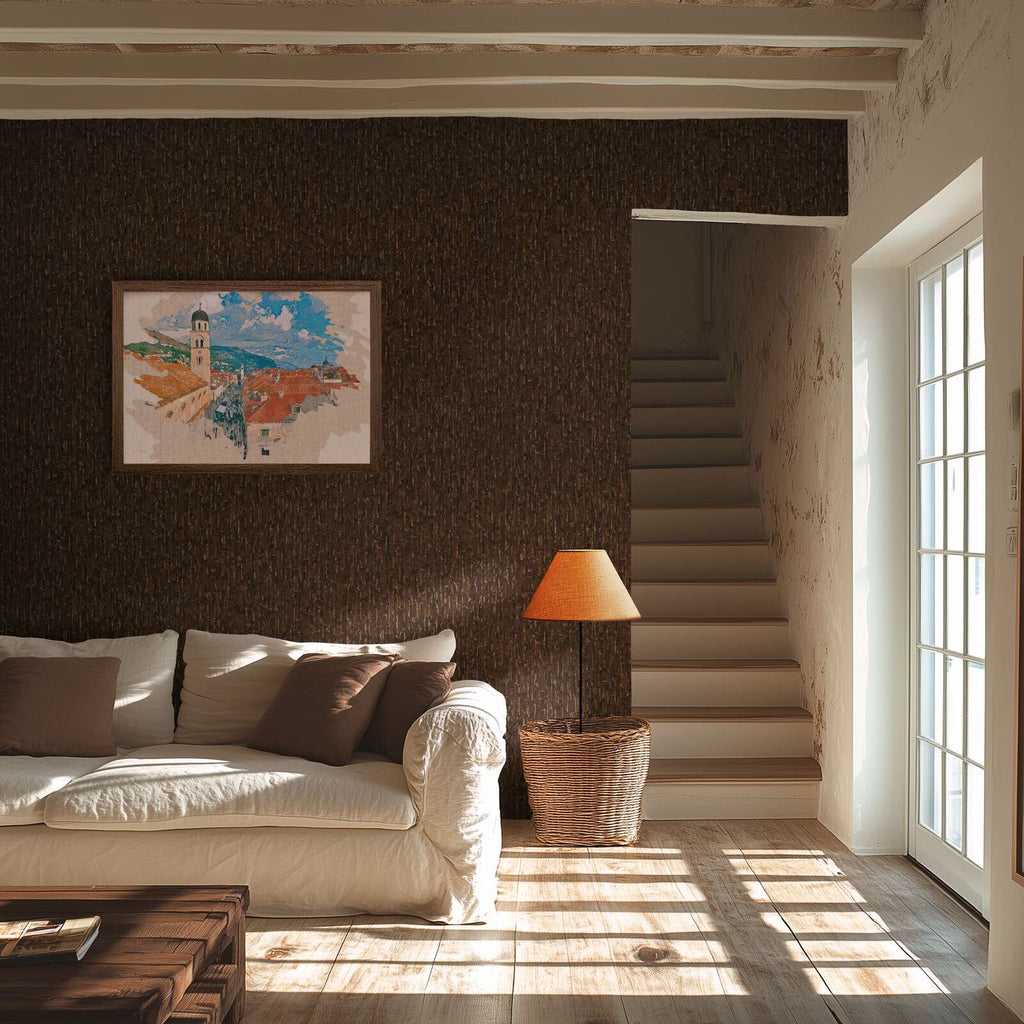 Bronzīgi brūnas tapetes ar smalku tekstilu atgādinošu izskatu - idejas interjerām