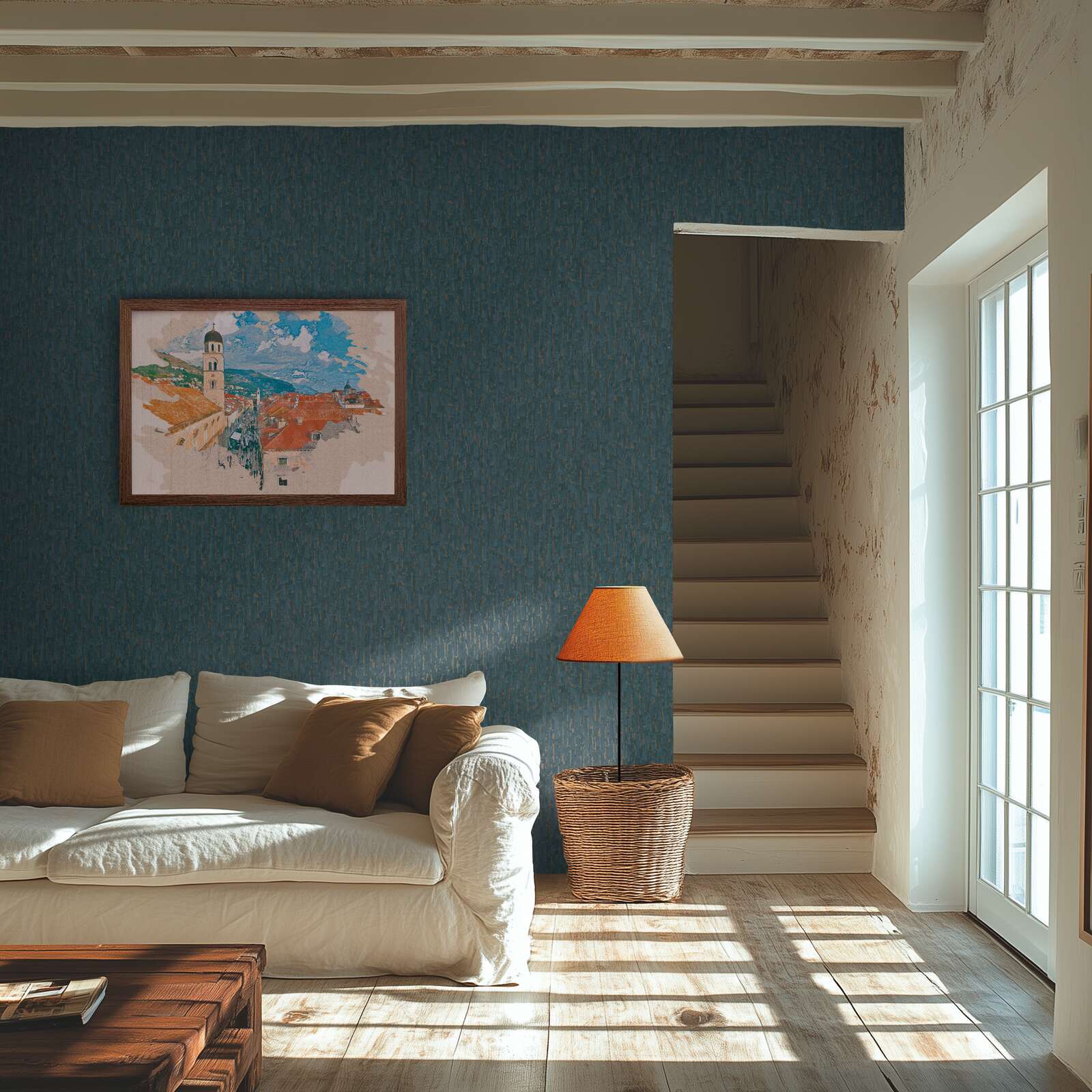 Zilzeltainas tapetes ar audumam līdzīgu virsmu un smalku reljefu - kombinācija ar mebelēm