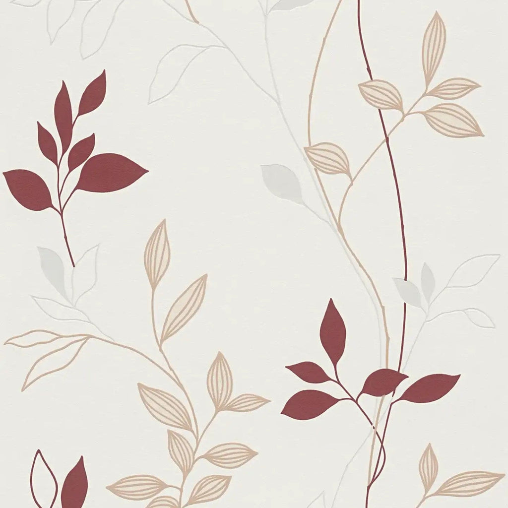Reljefas tapetes ar lapu rakstu un sarkaniem akcentiem dabiskai un raksturīgai sienu apdarei
