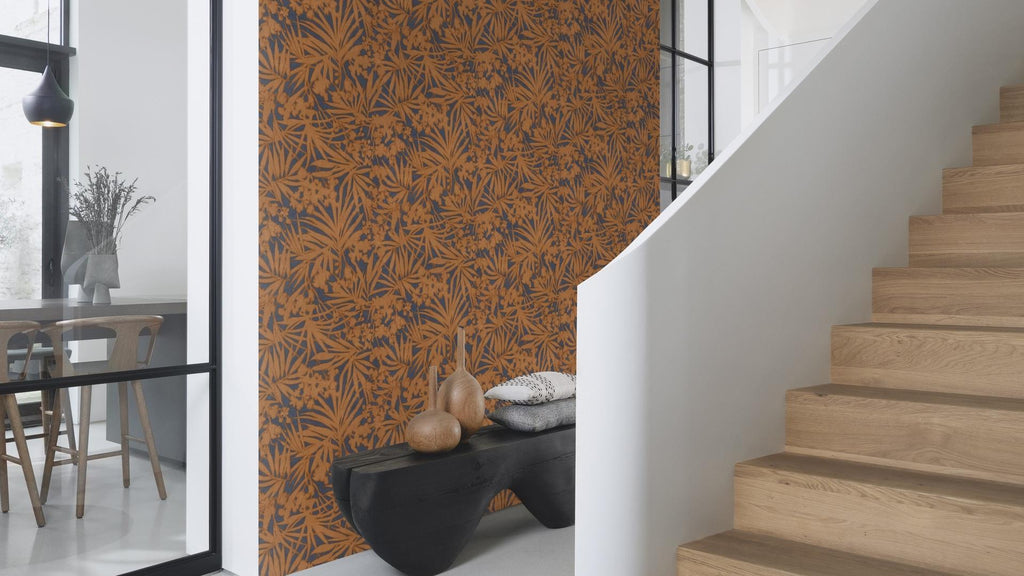 Tropisko lapu tapetes, oranža un zila, RASCH, 330335, Paraiso