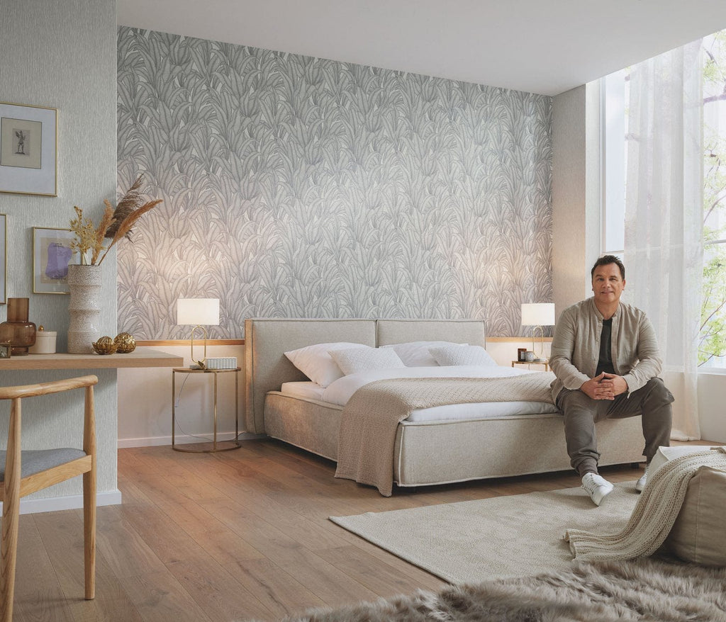 Sudraba un pelēku toņu tropu lapu tapetes, moderns  sienas noformējums, 3751513, skats interjerā 3