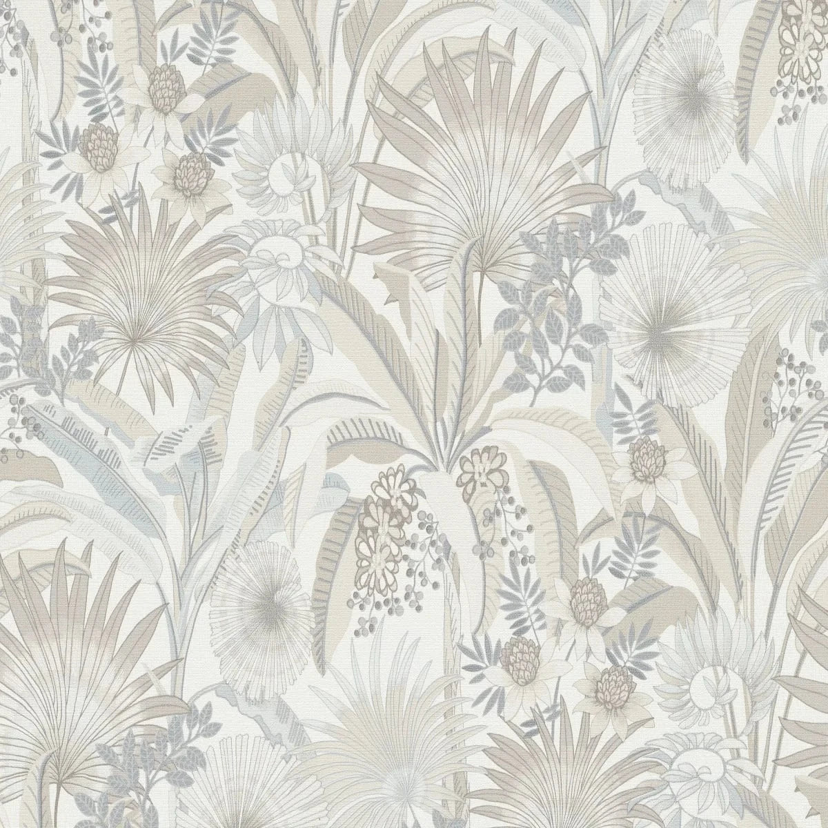 Tropu ziedu dizaina tapetes taupe un gaiši pelēkā krāsā uz balta pamata – 3755232 – Tapetes ar tropu ziedu rakstu taupe un pelēkos toņos uz balta fona, piemērotas gaišam un svaigam interjeram