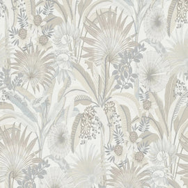 Tropu ziedu dizaina tapetes taupe un gaiši pelēkā krāsā uz balta pamata – 3755232 – Tapetes ar tropu ziedu rakstu taupe un pelēkos toņos uz balta fona, piemērotas gaišam un svaigam interjeram