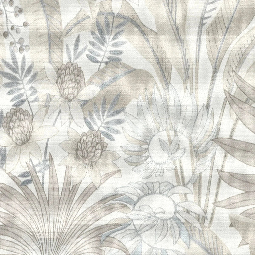 Tropu ziedu dizaina tapetes taupe un gaiši pelēkā krāsā uz balta pamata – 3755232, 🚀